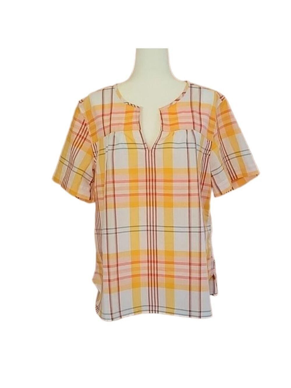 Eddie Bauer Split V-Neck Plaid Top Size XL NWT